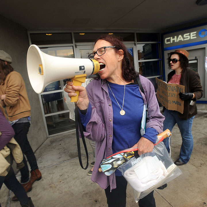 Protesters form a picket line outside Chase Bank