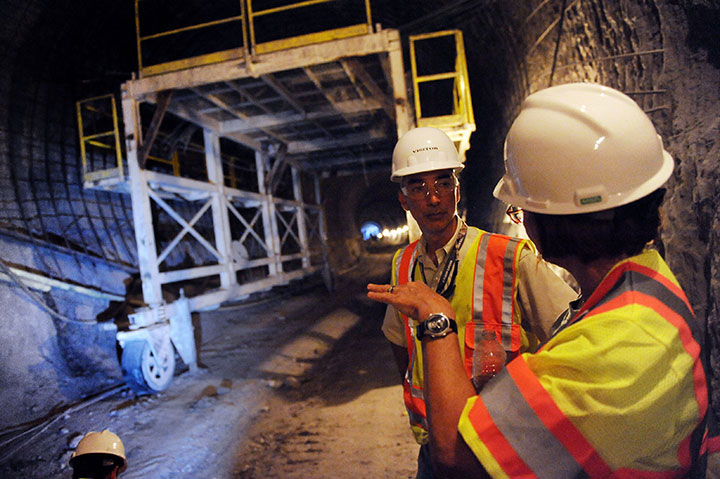 Media representatives tour the Waller Creek tunnel construction site