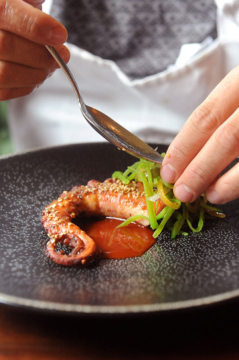 Apis Restaurant and Apiary owner and chef Taylor Hall prepares an octopus dish