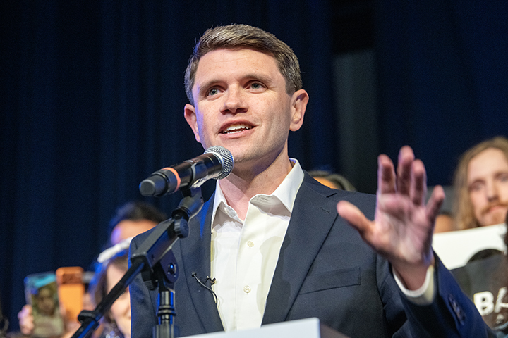 U.S. Senate candidate James Talarico speaks during his election night watch party in Austin, Texas, March 3, 2026