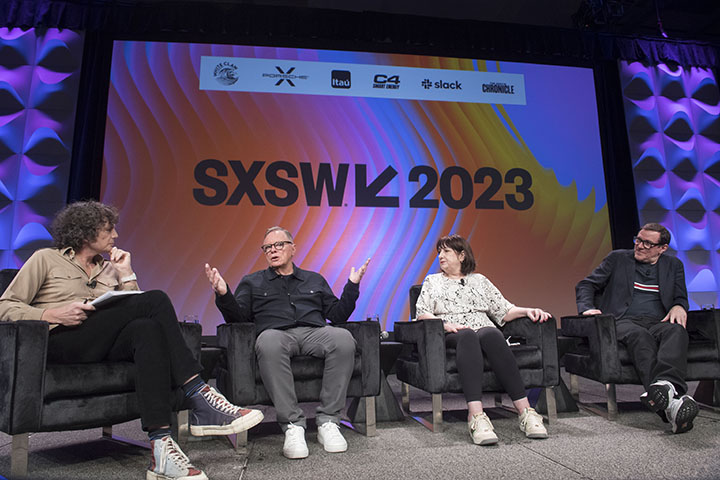 Will Hodgkinson (left), Bernard Sumner, Gillian Gilbert, and Stephen Morris on the New Order Keynote during South By Southwest 2023